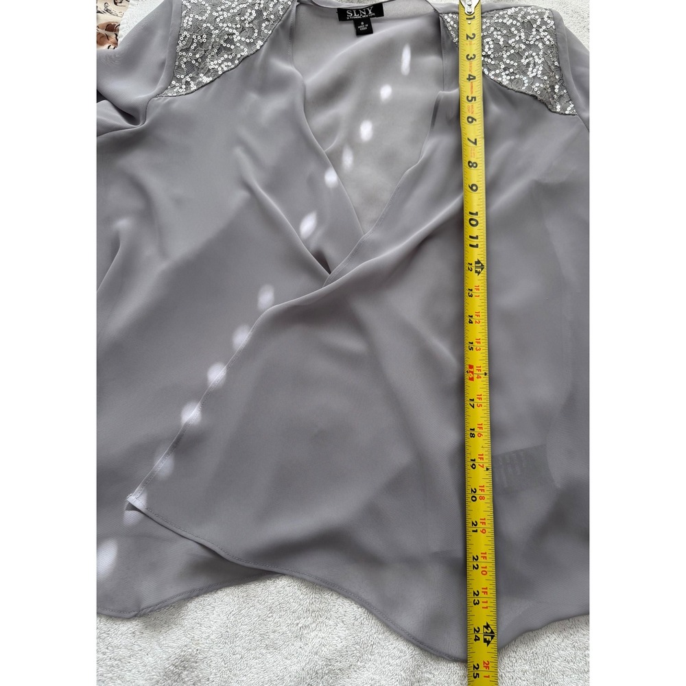 SLNY Women Silver Grey Sequin Shoulder Open Front Chiffon Jacket Size 8 - Picture 6 of 7